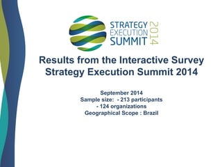 Results from the Interactive SurveyStrategy Execution Summit 2014September 2014Sample size: -213 participants -124 organizations Geographical Scope : Brazil  