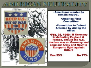 •Americans wanted to
      remain neutral.
        •America First
          Committee
    •Committee to Defend
    America by Aiding the
           Allies
 •Feb. 21, 1940: If Germany
   is defeating England &
   France, should the U.S.
declare war on Germany and
 send our Army and Navy to
   Europe to fight against
            Hitler?

Yes: 23%           No 77%
 