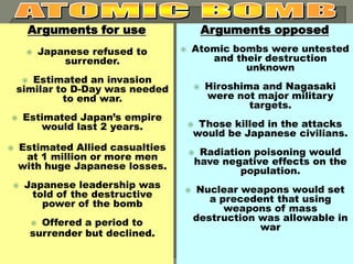 Arguments for use                     Arguments opposed
           Japanese refused to      Atomic bombs were untested
                surrender.               and their destruction
                                               unknown
      Estimated an invasion
    similar to D-Day was needed           Hiroshima and Nagasaki
             to end war.                   were not major military
                                                   targets.
    Estimated Japan’s empire
        would last 2 years.           Those killed in the attacks
                                      would be Japanese civilians.
   Estimated Allied casualties            Radiation poisoning would
     at 1 million or more men         
                                          have negative effects on the
    with huge Japanese losses.                    population.
    Japanese leadership was          Nuclear weapons would set
      told of the destructive     
                                         a precedent that using
        power of the bomb                   weapons of mass
          Offered a period to         destruction was allowable in
        
                                                  war
        surrender but declined.
 