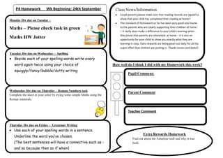 P4 Homework             Wk Beginning: 24th September                   Class News/Information
                                                                              Could parents please make sure that reading records are signed to
Monday Hw due on Tuesday –                                                    show that your child has completed their reading at home?
                                                                              The standard of Homework so far has been very good and thanks
Maths – Please check task in green                                            to the parents who are clearly supporting their children at home.
                                                                              – it really does make a difference to your child’s learning when
                                                                              they know that parents are interested at home – it is also an
Maths HW Jotter                                                               opportunity for your child to show you exactly what they are
                                                                              learning in class. Extra rewards are being given out daily for all the
                                                                              super effort that children are putting in. Thanks mums and dads

Tuesday Hw due on Wednesday – Spelling
   Beside each of your spelling words write every
   word again twice using your choice of                                  How well do I think I did with my Homework this week?
   squiggly/fancy/bubble/dotty writing
                                                                                    Pupil Comment:



Wednesday Hw due on Thursday – Roman Numbers task
                                                                                    Parent Comment
Complete the sheet in your jotter by trying some simple Maths using the
Roman numerals.


                                                                                    Teacher Comment


Thursday Hw due on Friday – Grammar Writing
   Use each of your spelling words in a sentence.
                                                                                                  Extra Rewards Homework
   Underline the word you’ve chosen.
                                                                                        Find out about the Antonine wall and why it was
   (The best sentences will have a connective such as -                                 built.
   and so because then so if when)
 