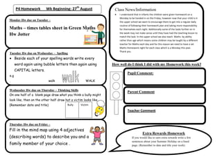 P4 Homework         Wk Beginning: 27th August                Class News/Information
                                                                      I understand that in infants the children were given homework on a
                                                                      Monday to be handed in on the Friday, however now that your child is in
Monday Hw due on Tuesday –
                                                                      the upper school we want to encourage them to get into a regular daily
                                                                      routine of following their homework plan and taking more responsibility
Maths – times tables sheet in Green Maths                             for themselves each night. Additionally some of the tasks further on in
                                                                      the week may not make sense until they have had the teaching lesson to
Hw Jotter                                                             match the task. In the upper school we also teach Maths by ability
                                                                      rather than age which means some children may be taught by a different
                                                                      teacher for Maths each day and for this reason we need to have a set
                                                                      Maths Homework night for each class which is a Monday this year.
                                                                      Thank you
Tuesday Hw due on Wednesday – Spelling
      Beside each of your spelling words write every
      word again using bubble letters then again using            How well do I think I did with my Homework this week?
      CAPITAL letters.
                                                                            Pupil Comment:
e.g
.                           walk                      WALK

Wednesday Hw due on Thursday – Thinking Skills
                                                                            Parent Comment
On one half of a blank page draw what you think a bully might
look like, then on the other half draw hat a victim looks like.
(Remember date and title)                Bully    Victim

                                                                             Teacher Comment


Thursday Hw due on Friday –
Fill in the mind map using 4 adjectives
                                                                                          Extra Rewards Homework
(describing words) to describe you and a                                         If you would like to earn extra rewards write a few

family member of your choice .
                                                                                 sentences about your Summer Holiday on a lined
                                                                                 page. (Remember to date and title your work)
 