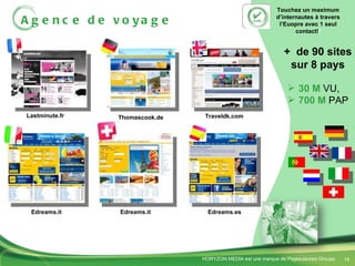 Agence de voyage +  de 90 sites sur 8 pays 30 M  VU,  700   M  PAP Touchez un maximum d’internautes à travers l’Euopre avec 1 seul contact! ! Edreams.es Edreams.it Edreams.it Lastminute.fr  Thomascook.de Traveldk.com  