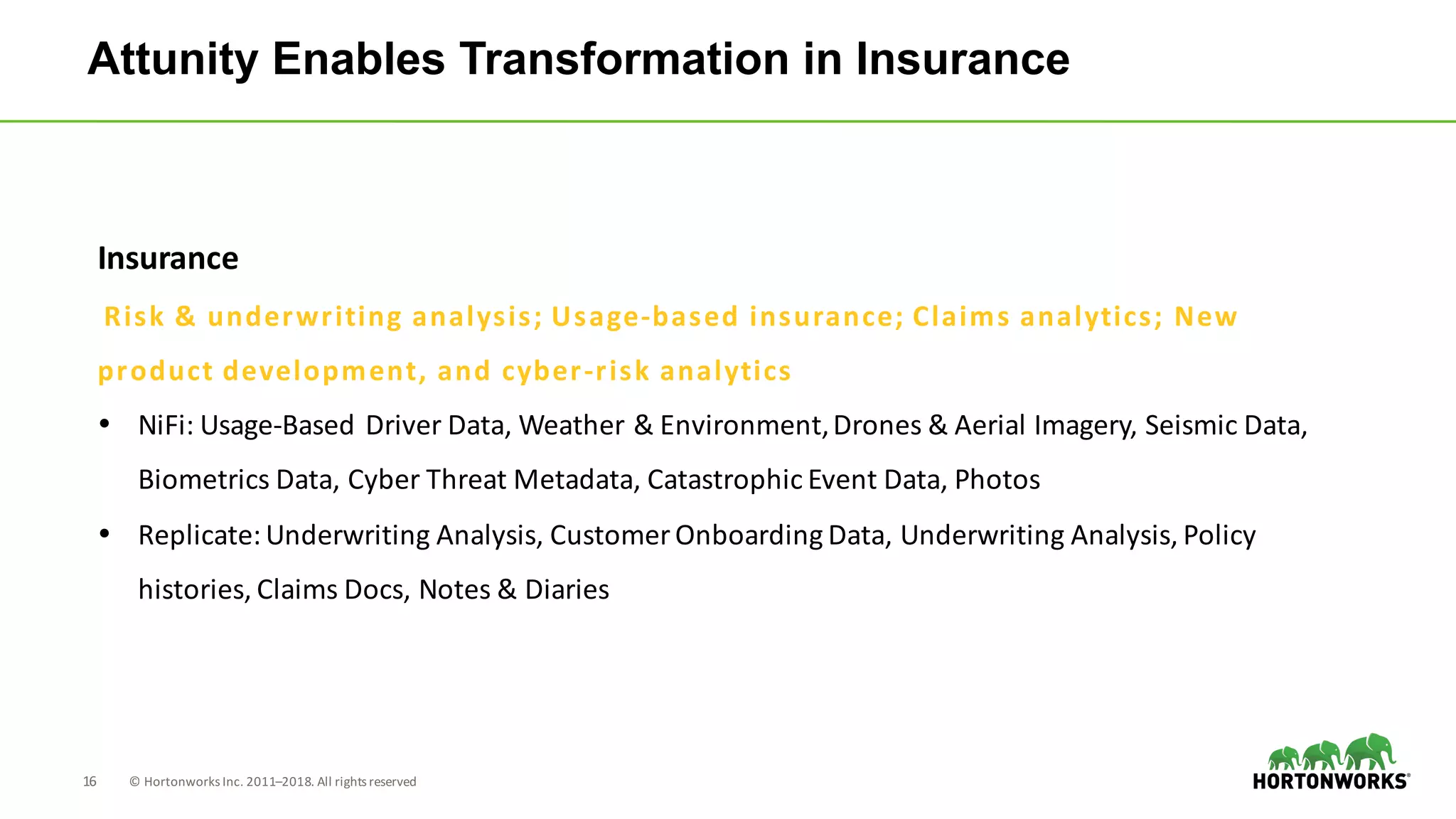 16 ©	Hortonworks	Inc.	2011–2018.	All	rights	reserved
Attunity Enables Transformation in Insurance
Insurance
Risk	&	underwriting	analysis;	Usage-based	insurance;	Claims	analytics;	New	
product	development,	and	cyber-risk	analytics
• NiFi:	Usage-Based	Driver	Data,	Weather	&	Environment,	Drones	&	Aerial	Imagery,	Seismic	Data,	
Biometrics	Data,	Cyber	Threat	Metadata,	Catastrophic	Event	Data,	Photos
• Replicate:	Underwriting	Analysis,	Customer	Onboarding	Data,	Underwriting	Analysis,	Policy	
histories,	Claims	Docs,	Notes	&	Diaries
 