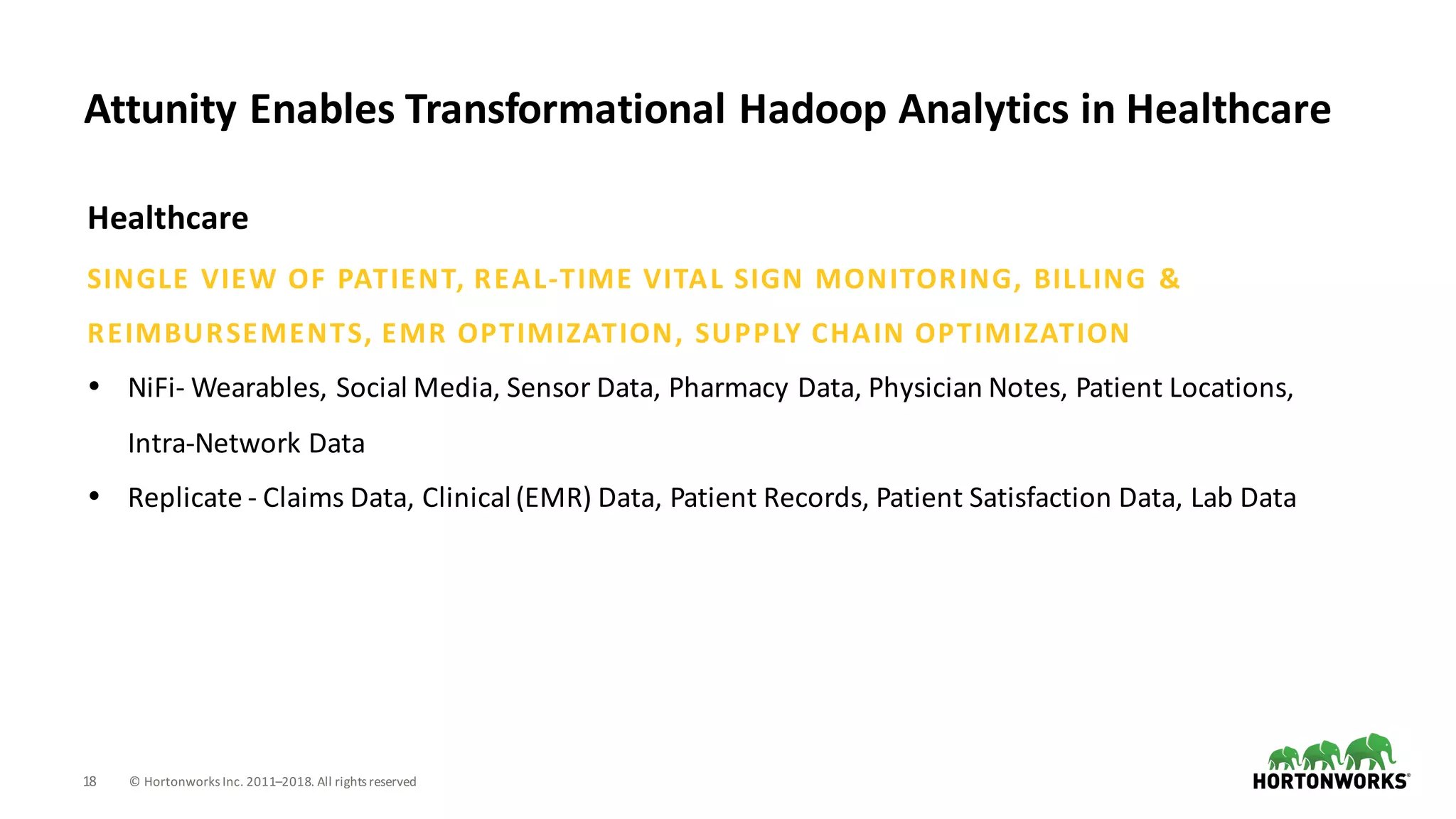18 ©	Hortonworks	Inc.	2011–2018.	All	rights	reserved
Attunity	Enables	Transformational	Hadoop	Analytics	in	Healthcare
Healthcare
SINGLE	VIEW	OF	PATIENT,	REAL-TIME	VITAL	SIGN	MONITORING,	BILLING	&	
REIMBURSEMENTS,	EMR	OPTIMIZATION,	SUPPLY	CHAIN	OPTIMIZATION
• NiFi- Wearables,	Social	Media,	Sensor	Data,	Pharmacy	Data,	Physician	Notes,	Patient	Locations,	
Intra-Network	Data
• Replicate	- Claims	Data, Clinical	(EMR)	Data,	Patient	Records,	Patient	Satisfaction	Data,	Lab	Data
 