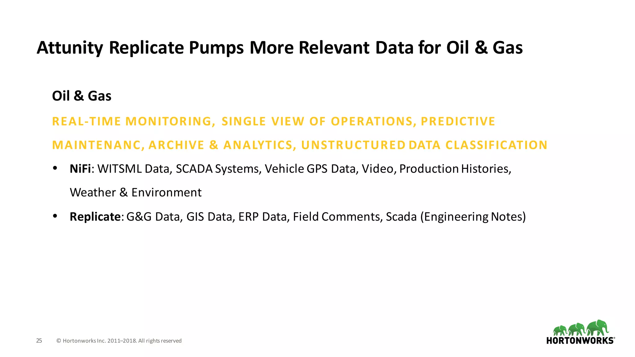 25 ©	Hortonworks	Inc.	2011–2018.	All	rights	reserved
Attunity	Replicate	Pumps	More	Relevant	Data	for	Oil	&	Gas
Oil	&	Gas
REAL-TIME	MONITORING, SINGLE	VIEW	OF	OPERATIONS,	PREDICTIVE	
MAINTENANC,	ARCHIVE	&	ANALYTICS,	UNSTRUCTURED	DATA	CLASSIFICATION
• NiFi:	WITSML	Data,	SCADA	Systems,	Vehicle	GPS	Data,	Video,	Production	Histories,	
Weather	&	Environment
• Replicate:	G&G	Data,	GIS	Data,	ERP	Data,	Field	Comments,	Scada	(Engineering	Notes)
 