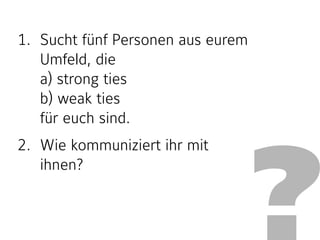 ?
1. Sucht fünf Personen aus eurem
Umfeld, die  
a) strong ties 
b) weak ties  
für euch sind.
2. Wie kommuniziert ihr mit  
ihnen?
 