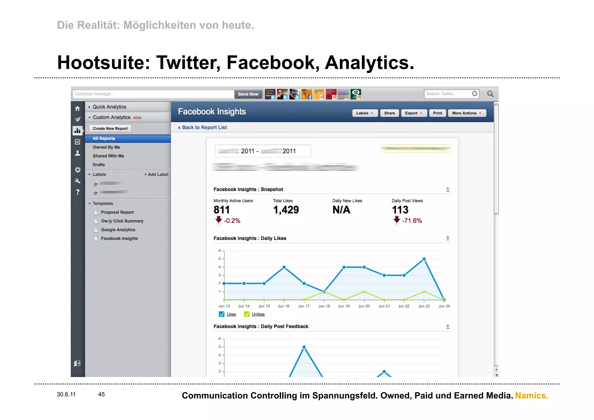 Die Realität: Möglichkeiten von heute.


Hootsuite: Twitter, Facebook, Analytics.




30.6.11   45            Communication Controlling im Spannungsfeld. Owned, Paid und Earned Media. Namics.
 