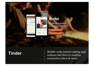 Mobile-only instant dating app
reduces barriers to making
connection (here & now)
Tinder
 