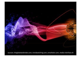 sources:	theglobalwebindex.com,	trendwatching.com,	emarketer.com,	media-interface.ch	
 