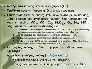  Ακηηδνώκηα θαύζεξ: θαύζημμ + μλογόκμ (Ο2)
 Πνμϊόκηα θαύζεξ: παναθηενίδμκηαη ςξ θαοζαένηα .
 Καοζαένηα: είκαη μη μοζίεξ πμο μέκμοκ ζημ πώνμ θαύζεξ,
  μεηά ημ πέναξ ηεξ ακηίδναζεξ θαύζεξ. ΢ηα θαοζαένηα ακή-
  θμοκ μη μοζίεξ: CO2, CO, C(s), Ε2Ο(g), O2, N2, ΝΟx,
  SOx, άθαοζημη οδνμγμκάκζναθεξ θ.ά.
         Ο άκζναθαξ ημο θαοζίμμο μεηαηνέπεηαη ζε CO2, CO, C ή ζοκδοαζμμύξ
          ηςκ παναπάκς, ακάιμγα με ηεκ πμζόηεηα μλογόκμο ζηα ακηηδνώκηα.
         Όιμ ημ οδνμγόκμ ημο θαοζίμμο μεηαηνέπεηαη ζε οδναημμύξ (Η2Ο(g)).
         To ζείμ ημο θαοζίμμο μεηαηνέπεηαη ζε μλείδηα ημο ζείμο (SOx)
         To άδωημ ημο αένα (αιιά θαη ημο θαοζίμμο) μεηαηνέπεηαη ζε NOx ιόγς ηεξ ο-
           ρειήξ ζενμμθναζίαξ πμο επηθναηεί ζημ πώνμ θαύζεξ.

 Καηεγμνίεξ θαύζεξ με βάζε ηε μμνθή ημο άκζναθα ζηα
  θαοζαένηα:
  α. ηέιεηα ή πιήνεξ θαύζε (γαιάδηα θιόγα):
       ε πμζόηεηα ημο μλογόκμο είκαη επανθήξ.
       όιμξ μ άκζναθαξ ημο θαοζίμμο μεηαηνέπεηαη ζε CO2.
 