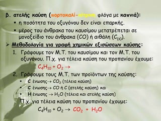β. αηειήξ θαύζε (πμνημθαιί-θίηνηκε θιόγα με θαπκηά):
    ε πμζόηεηα ημο μλογόκμο δεκ είκαη επανθήξ.
    μένμξ ημο άκζναθα ημο θαοζίμμο μεηαηνέπεηαη ζε
      μμκμλείδημ ημο άκζναθα (CO) ή αηζάιε (C(s)).
 Μεζμδμιμγία γηα γναθή πεμηθώκ εληζώζεωκ θαύζεξ:
   1. Γνάθμομε ημκ Μ.Σ. ημο θαοζίμμο θαη ημκ Μ.Σ. ημο
       μλογόκμο. Π.π. γηα ηέιεηα θαύζε ημο πνμπακίμο έπμομε:
             C4Η10 + Ο2
   2. Γνάθμομε ημοξ Μ.Σ. ηςκ πνμσόκηςκ ηεξ θαύζεξ:
        C έκςζεξ   CO2 (ηέιεηα θαύζε)
        C έκςζεξ   CO ή C (αηειήξ θαύζε) θαη
        Ε έκςζεξ    Η2Ο (ηέιεηα θαη αηειήξ θαύζε)
     Π.π. γηα ηέιεηα θαύζε ημο πνμπακίμο έπμομε:
             C4H10 + O2    CO2 + H2O
 