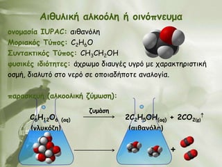 Αηζοιηθή αιθμόιε ή μηκόπκεομα
μκμμαζία IUPAC: αηζακόιε
Μμνηαθόξ Τύπμξ: C2H6O
Σοκηαθηηθόξ Τύπμξ: CH3CH2OH
θοζηθέξ ηδηόηεηεξ: άπνςμμ δηαογέξ ογνό με παναθηενηζηηθή
μζμή, δηαιοηό ζημ κενό ζε μπμηαδήπμηε ακαιμγία.

παναζθεοή (αιθμμιηθή δύμωζε):
                      δομάζε
      C6H12O6 (αq)               2C2H5OH(aq) + 2CO2(g)
      (γλυκόζη)                   (αιθανόλη)

                                             +
 
