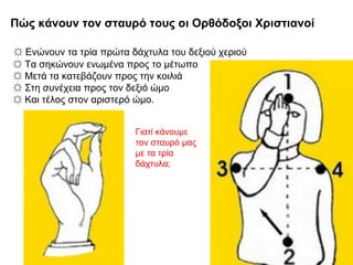 Πώς κάνουν τον σταυρό τους οι Ορθόδοξοι Χριστιανοί
☼ Ενώνουν τα τρία πρώτα δάχτυλα του δεξιού χεριού
☼ Τα σηκώνουν ενωμένα προς το μέτωπο
☼ Μετά τα κατεβάζουν προς την κοιλιά
☼ Στη συνέχεια προς τον δεξιό ώμο
☼ Και τέλος στον αριστερό ώμο.
Γιατί κάνουμε
τον σταυρό μας
με τα τρία
δάχτυλα;
 
