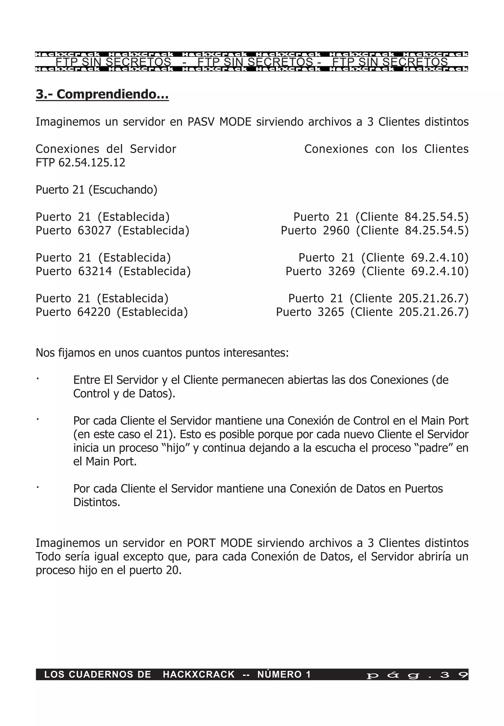 HackXCrack     HackXCrack    HackXCrack     HackXCrack     HackXCrack    HackXCrac k

     FTP SIN SECRETOS - FTP SIN SECRETOS - FTP SIN SECRETOS
HackXCrack     HackXCrack    HackXCrack     HackXCrack     HackXCrack    HackXCrac k




3.- Comprendiendo…

Imaginemos un servidor en PASV MODE sirviendo archivos a 3 Clientes distintos

Conexiones del Servidor                               Conexiones con los Clientes
FTP 62.54.125.12

Puerto 21 (Escuchando)

Puerto 21 (Establecida)                            Puerto 21 (Cliente 84.25.54.5)
Puerto 63027 (Establecida)                       Puerto 2960 (Cliente 84.25.54.5)

Puerto 21 (Establecida)                             Puerto 21 (Cliente 69.2.4.10)
Puerto 63214 (Establecida)                        Puerto 3269 (Cliente 69.2.4.10)

Puerto 21 (Establecida)                           Puerto 21 (Cliente 205.21.26.7)
Puerto 64220 (Establecida)                      Puerto 3265 (Cliente 205.21.26.7)


Nos fijamos en unos cuantos puntos interesantes:

·       Entre El Servidor y el Cliente permanecen abiertas las dos Conexiones (de
        Control y de Datos).

·       Por cada Cliente el Servidor mantiene una Conexión de Control en el Main Port
        (en este caso el 21). Esto es posible porque por cada nuevo Cliente el Servidor
        inicia un proceso “hijo” y continua dejando a la escucha el proceso “padre” en
        el Main Port.

·       Por cada Cliente el Servidor mantiene una Conexión de Datos en Puertos
        Distintos.


Imaginemos un servidor en PORT MODE sirviendo archivos a 3 Clientes distintos
Todo sería igual excepto que, para cada Conexión de Datos, el Servidor abriría un
proceso hijo en el puerto 20.




    LOS CUADERNOS DE     HACKXCRACK -- NÚMERO 1                   p á g . 3 9
 
