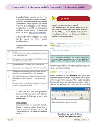 Programación PHP - Programación PHP - Programación PHP - Programación PHP




           Si nombreFichero comienza con "ftp://" (no
           es sensible a mayúsculas), se abre una conexión          !                 ¿Como?...
           ftp hacia el servidor especificado y se devuelve
           un apuntador al fichero requerido. Si el servidor
           no soporta ftp en modo pasivo, esto fallará (si        ¿Cómo? ¿no sabes ejecutar el código?               <?
           no sabes lo que es FTP en modo pasivo                  Ufffff, eso es que no has seguido nuestro curso de
           descárgate gratis el número 1 de esta revista          PHP. Tranquilo, puedes pedir los números atrasados
           desde la Web www.hackxcrack.com).                      de PC PASO A PASO desde nuestra Web
                                                                  (www.hackxcrack.com) y/o descargarte de forma
           Se pueden abrir fichero via ftp para leer o para       gratuita los artículos liberados.
           escribir (pero no ambas cosas
           simultáneamente).                                   <?
                                                               $fichero=”c:windowsphp.ini”; // fichero que deseamos abrir.
                                                               if (fopen($fichero,”r”)) { // comprobamos si el fichero se puede abrir para lectura.
           Existen seis modalidades diferentes para abrir
                                                                     print (“El fichero $fichero se ha podido abrir con éxito”);
           un fichero:                                         } else {
                                                                     print (“Error al abrir el fichero.”);
                                                               }
                                                               ?>


                                                                 En la plataforma Windows, ten cuidado de escribir
                                                                 correctamente las barras invertidas en el path del fichero
                                                                 (poniéndolas dobles), o usa barras directas.


                                                               También se podría haber colocado el fopen de la siguiente
                                                               manera con el mismo efecto:

                                                               if (fopen(”c:windowsphp.ini”,”r”)) {

                                                               Prueba a cambiar el valor $fichero, para que puedas
                                                               comprobar ambos resultados. Experimenta con las barras
                                                               inclinadas, por norma se suele utilizar las barras dobles.
                                                               En el ejemplo damos por supuesto que el fichero existe, en
                                                               caso de que el fichero no exista dará error de PHP.



           El último valor de la tabla será ignorado en
           sistemas Unix/Linux ya que no existe distinción
           entre este tipo de fichero por lo que el valor
           será ignorado.

           Primer ejemplo:
           Vamos a comenzar con un sencillo ejemplo.
           Ejecuta el siguiente código, el cual abre el
           fichero php.ini, situado en la ruta
           c:windowsphp.ini, con operación de lectura
           (valor: r).                                                         Resultado de abrir el fichero
                                                                               “php.ini” con la función fopen()

Página 6                                                                                                        PC PASO A PASO Nº 16
 