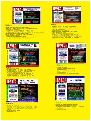 NÚMERO 6:
NÚMERO 5:
                                                               - PASA TUS PELICULAS A DIVX (STREAMING)
-HACK-OPINION: LA PIRATERÍA EN INTERNET.                       - PASA TUS PELICULAS A DIVX II (CODEC DIVX)
-ROOTKITS: LA PESADILLA DE CUALQUIER ADMINISTRADOR.            - PUERTOS & SERVICIOS
-ROOTKITS: EL SR. NTROOT.                                      - eMule: EL NUEVO REY DEL P2P
-WAREZ: APPZ, GAMEZ, MP3Z, DIVX,    FTPZ, 0-DAY.               - NUEVA SECCION: PROGRAMACION DESDE 0
-APRENDIENDO A COMPILAR PROGRAMAS. COMPILA TU PROPIO NETCAT.   - CURSO DE VISUAL BASIC
-BUGS, ERRORES Y OTRAS FORMA DE JOD...                         - IPHXC: EL TERCER TROYANO DE HXC
-NETBIOS: ESTUDIO Y PENETRACIÓN DE SISTEMAS.                   - TENDENCIAS ACTUALES EN CODIGO MALICIOSO
-ASESINADOS POR LA LSSI.                                       - OCULTACION DE FICHEROS. METODO STREAM (ads)
-LISTADO DE ORDENES PARA NETBIOS.                              - TRASTEANDO CON EL HARDWARE DE UNA LAN
-HACK-OPINION: PAGOS POR INTERNET SEGUROS YÁ.




                                                                      NÚMERO 8:

 NÚMERO 7:                                                            - CURSO DE LINUX
 - PROTOCOLOS: POP3                                                   - APACHE: COMPARTE ARCHIVOS
 - PASA TUS PELICULAS A DIVX III (EL AUDIO)                           - REVERSE SHELL
 - PASA TUS PELICULAS A DIVX IV (MULTIPLEXADO)                        - CURSO DE VISUAL BASIC: MAS
 - CURSO DE VISUAL BASIC: LA CALCULADORA                                CALCULADORA
 - IPHXC: EL TERCER TROYANO DE HXC II                                 - PROTOCOLOS Y SU SEGURIDAD: SMTP
 - APACHE: UN SERVIDOR WEB EN NUESTRO PC
 - CCPROXY: IV TROYANO DE PC PASO A PASO
 - TRASTEANDO CON EL HARDWARE DE UNA LAN




                                                                     NÚMERO 10:
 NÚMERO 9:
                                                                     - CURSO DE LINUX (Gestión de usuários)
 - CURSO DE LINUX (Sistema de archivos)                              - APACHE + MySQL + PHP=Trio de Ases
 - APACHE: COMPARTE ARCHIVOS MEDIANTE        WEB.                    - CURSO DE VISUAL BASIC: ACCESO A DATOS(II)
 - CURSO DE VISUAL BASIC: MI 1ª DLL  ACCESO A                       - XML: El futuro de la trasferencia de datos
   DATOS                                                             - SERIE RAW: DCC
 - PORT SCANING: NMAP
 - SERIE RAW: IRC
 
