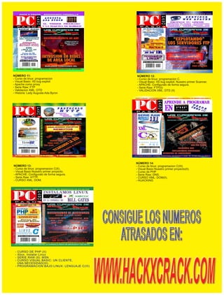 NÚMERO 11:                                    NÚMERO 12:
- Curso de linux: programacion                - Curso de linux: programacion C.
- Visual Basic: IIS bug exploit               - Visual Basic: IIS bug exploit. Nuestro primer Scanner.
- Apache como proxy                           - APACHE: Configuralo de forma segura.
- Serie Raw: FTP                              - Serie Raw: FTP(II)
- Validacion XML: DTD                         - VALIDACION XML: DTD (II)
- Historia: Lady Augusta Ada Byron




                                              NÚMERO 14:
NÚMERO 13:                                    - Curso de linux: programacion C(III).
- Curso de linux: programacion C(II).         - Visual Basic:Nuestro primer proyecto(II).
- Visual Basic:Nuestro primer proyecto.       - Curso de PHP
- APACHE: Configuralo de forma segura.        - Serie Raw: DNS.
- Serie Raw: HTTP.                            - CURSO XML: DOM(II).
- CURSO XML: DOM.                             - HIJACKING




 - CURSO DE PHP (II)
 - Xbox. Inst alar Linux
 - SERIE RAW (9): MSN
          RAW
 - CURSO VISUAL BASIC: UN CLIENTE,
   UNA NECESIDAD(III).
 - PROGRAMACION BAJO LINUX: LENGUAJE C(III)
 