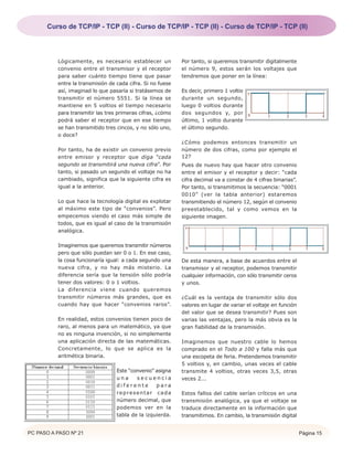 Curso de TCP/IP - TCP (II) - Curso de TCP/IP - TCP (II) - Curso de TCP/IP - TCP (II)




          Lógicamente, es necesario establecer un           Por tanto, si queremos transmitir digitalmente
          convenio entre el transmisor y el receptor        el número 9, estos serán los voltajes que
          para saber cuánto tiempo tiene que pasar          tendremos que poner en la línea:
          entre la transmisión de cada cifra. Si no fuese
          así, imaginad lo que pasaría si tratásemos de     Es decir, primero 1 voltio
          transmitir el número 5551. Si la línea se         durante un segundo,
          mantiene en 5 voltios el tiempo necesario         luego 0 voltios durante
          para transmitir las tres primeras cifras, ¿cómo   dos segundos y, por
          podrá saber el receptor que en ese tiempo         último, 1 voltio durante
          se han transmitido tres cincos, y no sólo uno,    el último segundo.
          o doce?
                                                            ¿Cómo podemos entonces transmitir un
          Por tanto, ha de existir un convenio previo       número de dos cifras, como por ejemplo el
          entre emisor y receptor que diga “cada            12?
          segundo se transmitirá una nueva cifra”. Por      Pues de nuevo hay que hacer otro convenio
          tanto, si pasado un segundo el voltaje no ha      entre el emisor y el receptor y decir: “cada
          cambiado, significa que la siguiente cifra es     cifra decimal va a constar de 4 cifras binarias”.
          igual a la anterior.                              Por tanto, si transmitimos la secuencia: “0001
                                                            0010” (ver la tabla anterior) estaremos
          Lo que hace la tecnología digital es explotar     transmitiendo el número 12, según el convenio
          al máximo este tipo de “convenios”. Pero          preestablecido, tal y como vemos en la
          empecemos viendo el caso más simple de            siguiente imagen.
          todos, que es igual al caso de la transmisión
          analógica.

          Imaginemos que queremos transmitir números
          pero que sólo puedan ser 0 o 1. En ese caso,
          la cosa funcionaría igual: a cada segundo una     De esta manera, a base de acuerdos entre el
          nueva cifra, y no hay más misterio. La            transmisor y el receptor, podemos transmitir
          diferencia sería que la tensión sólo podría       cualquier información, con sólo transmitir ceros
          tener dos valores: 0 o 1 voltios.                 y unos.
          La diferencia viene cuando queremos
          transmitir números más grandes, que es            ¿Cuál es la ventaja de transmitir sólo dos
          cuando hay que hacer “convenios raros”.           valores en lugar de variar el voltaje en función
                                                            del valor que se desea transmitir? Pues son
          En realidad, estos convenios tienen poco de       varias las ventajas, pero la más obvia es la
          raro, al menos para un matemático, ya que         gran fiabilidad de la transmisión.
          no es ninguna invención, si no simplemente
          una aplicación directa de las matemáticas.        Imaginemos que nuestro cable lo hemos
          Concretamente, lo que se aplica es la             comprado en el Todo a 100 y falla más que
          aritmética binaria.                               una escopeta de feria. Pretendemos transmitir
                                                            5 voltios y, en cambio, unas veces el cable
                                  Este “convenio” asigna    transmite 4 voltios, otras veces 3,5, otras
                                  una     secuencia         veces 2...
                                  diferente       para
                                  representar cada          Estos fallos del cable serían críticos en una
                                  número decimal, que       transmisión analógica, ya que el voltaje se
                                  podemos ver en la         traduce directamente en la información que
                                  tabla de la izquierda.    transmitimos. En cambio, la transmisión digital


PC PASO A PASO Nº 21                                                                                            Página 15
 