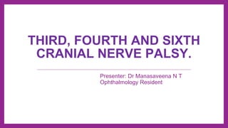THIRD, FOURTH AND SIXTH
CRANIAL NERVE PALSY.
Presenter: Dr Manasaveena N T
Ophthalmology Resident
 