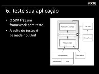 6. Teste sua aplicação O SDK traz um framework para teste. A suite de testes é baseada no JUnit 