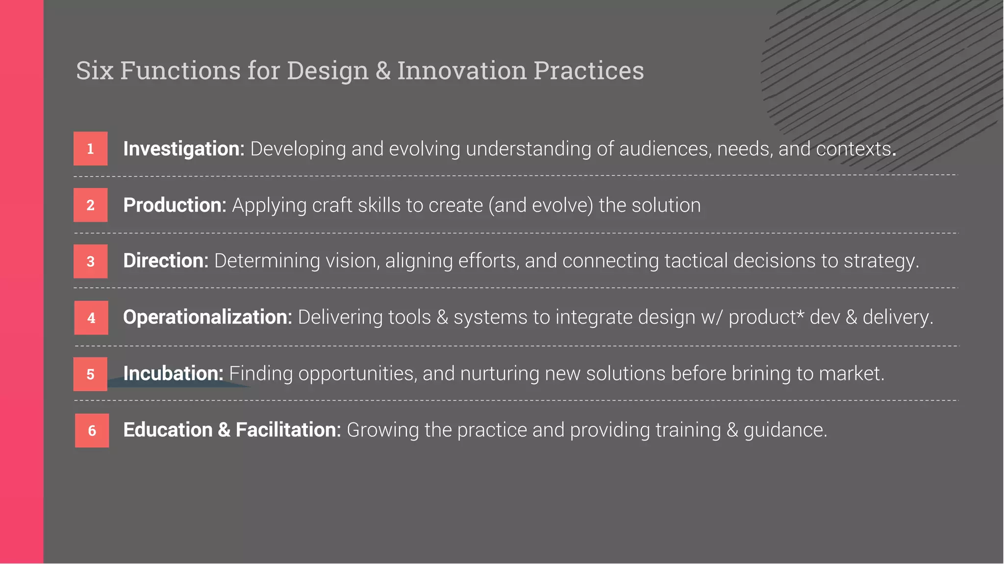 Six Functions for Design & Innovation Practices
Incubation: Finding opportunities, and nurturing new solutions before brining to market.
Operationalization: Delivering tools & systems to integrate design w/ product* dev & delivery.
Direction: Determining vision, aligning efforts, and connecting tactical decisions to strategy.
1
2
3
4
Education & Facilitation: Growing the practice and providing training & guidance.
5
6
Investigation: Developing and evolving understanding of audiences, needs, and contexts.
Production: Applying craft skills to create (and evolve) the solution
 
