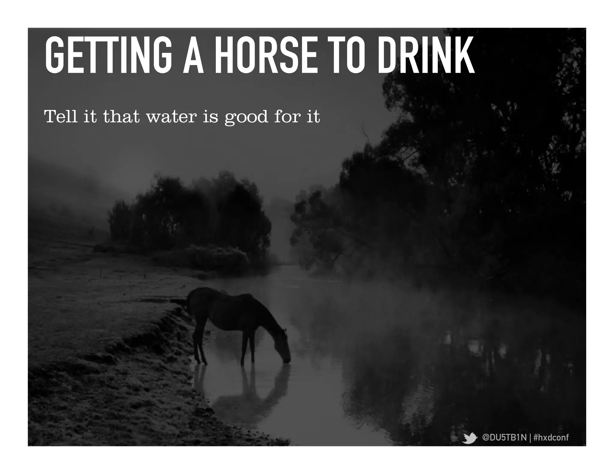 GETTING A HORSE TO DRINK	
  
Tell it that water is good for it




                                    @DU5TB1N | #hxdconf
 