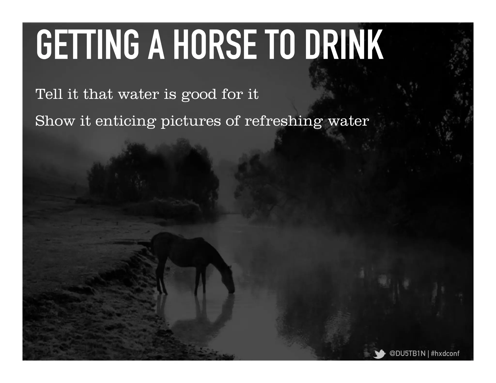 GETTING A HORSE TO DRINK	
  
Tell it that water is good for it
Show it enticing pictures of refreshing water




                                                @DU5TB1N | #hxdconf
 