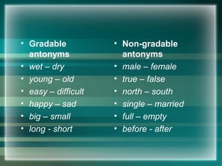 • Gradable
antonyms
• wet – dry
• young – old
• easy – difficult
• happy – sad
• big – small
• long - short
• Non-gradable
antonyms
• male – female
• true – false
• north – south
• single – married
• full – empty
• before - after
 