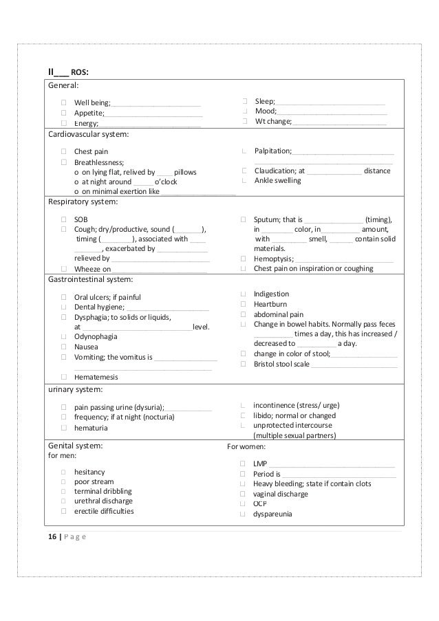 Medical History taking form introductory course