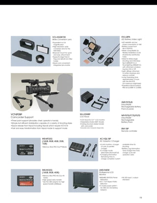 VCL-HG0872K                                                                              HVL-LBPA
                                                  Wide Conversion Lens                                                                     LED Battery Video Light
                                                                                                                                            LED reliability and low
                                                   magnification                                                                            power consumption of 16W

                                                   conversion lens for the                                                                  NP-F770/F970
                                                   HXR-NX5U
                                                                                                                                            flexible installation (Cold
                                                   and easy attachment                                                                      shoe/Screw bolt/Screw
                                                                                                                                            hole)
                                                   Flag and 4x5.65 inch filter
                                                   holder                                                                                   shooting and interviews
                                                                                                                                            Spot (600lx@1m) or
                                                   integrated lens shutter                                                                  flood-lighting (300lx@1m)
                                                                                                                                            with attached condens-
                                                                                                                                            ing lens ON or Off

                                                                                                                                            to soften shadows and
                                                                                                                                            reduce contrast

                                                                                                                                            approximately 3 hours
                                                                                                                                            with the NP-F970
                                                                                                                                            (at maximum brightness)

                                                                                                                                            filter kit (5,500K to 3,200K)




                                                                                                                                           2NP-F970/B
                                                                                                                                           InfoLITHIUM
                                                                                                                                           Rechargeable Battery
                                                                                                                                           Pack (2 pack)


VCT-SP2BP                                                                        SH-L32WBP
                                                                                                                                           NP-F970/F770/F570
Camcorder Support                                                                LCD Hood
                                                                                                                                           InfoLITHIUM
Three point support (shoulder, chest, operator’s hands)                                                                                    Rechargeable
                                                                                                                                           Battery Pack
Simple but efficient stabilization capable of a variety of shooting styles        Folding structure realize transfer
                                                                                  with camcorder
Fast and easy transformation from tripod mode to support mode                    *(viewable area measured diagonally)
                                                                                                                                           RM-1BP
                                                                                                                                           Remote controller



                                     MS-MT32G                                                                  AC-VQL1BP
                                     (16GB, 8GB, 4GB, 2GB,                                                     AC Adaptor / Charger
                                     1GB)                                                                                                   available time for
                                                                                                                (A pair of parallel         shooting
                                                                                                                charge)
                                                                                                                                            Total charge time Total
                                                                                                                selectable (Normal/Full)    charge cycle last
                                                                                                                                            operation date
                                                                                                                Remaining time to
                                                                                                                charge complete Current




                                     MS-HX32G                                                                 LMD-940W
                                     (16GB, 8GB, 4GB)                                                         Professional LCD
                                                                                                              Monitor
                                      Memory Stick PRO-HG Duo HX
                                      media
                                                                                                               Resolution                   standard
                                     *Use the USB adaptor for high
                                     *speed transfer (20Mbps)                                                  Selection

                                                                                                               AC100V, DC12V, Battery
                                                                                                               Adaptor




                                                                                                                                                                      19
 