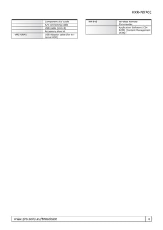 HXR-NX70E

                  Component A/V cable          RM-845   Wireless Remote
                  A/V connecting cable                  Commander
                  USB cable (mini-B)                    Application Software (CD-
                                                        ROM) (Content Management
                  Accessory shoe kit
                                                        Utility)
VMC-UAM1          USB Adaptor cable (for ex-
                  ternal HDD)




www.pro.sony.eu/broadcast                                                     4
 