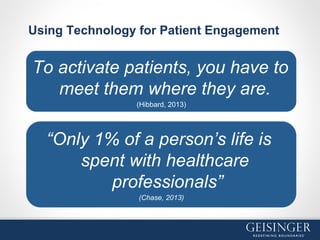 Using Technology for Patient Engagement
To activate patients, you have to
meet them where they are.
(Hibbard, 2013)
“Only 1% of a person’s life is
spent with healthcare
professionals”
(Chase, 2013)
 