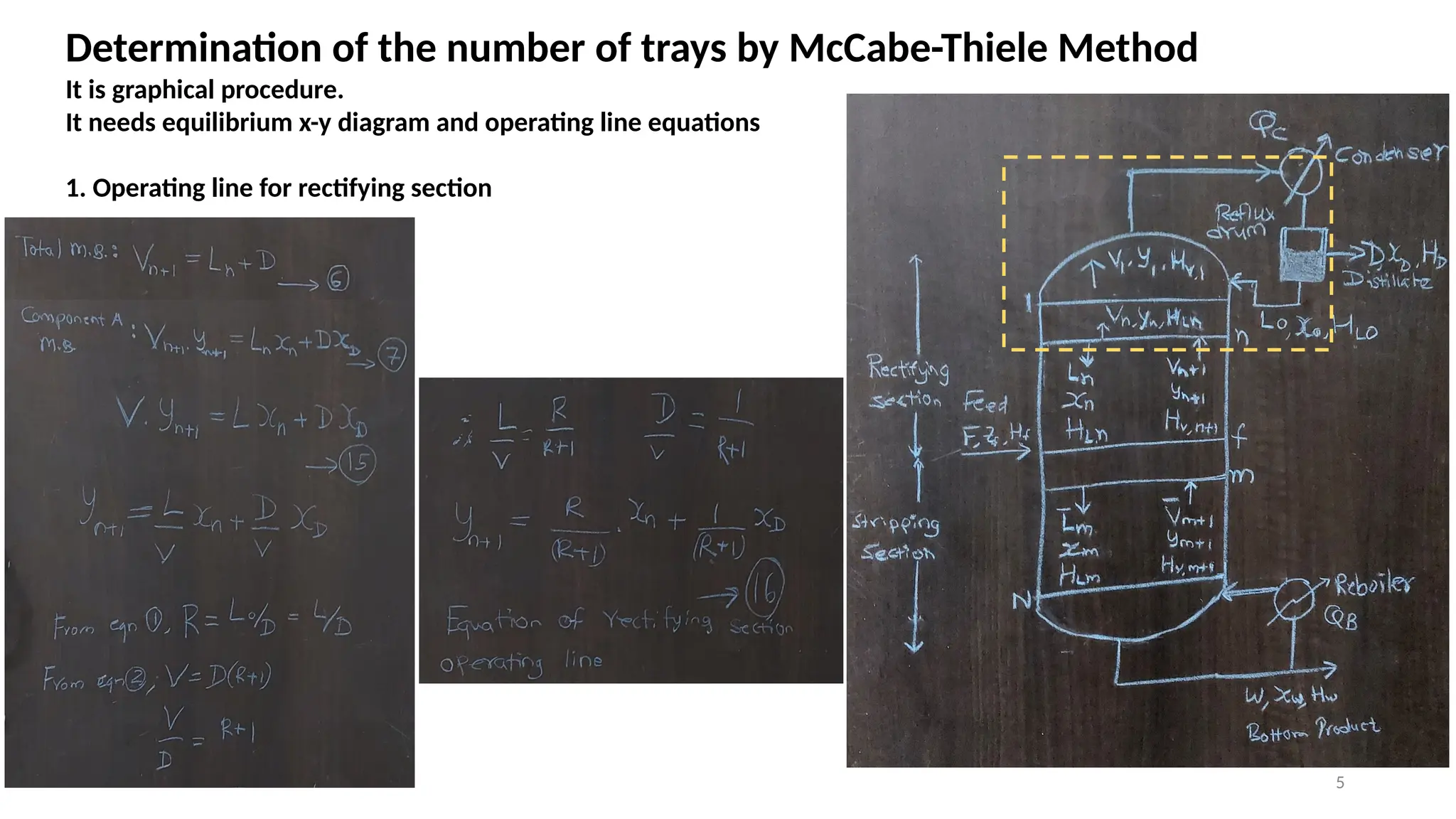 5
Determination of the number of trays by McCabe-Thiele Method
It is graphical procedure.
It needs equilibrium x-y diagram and operating line equations
1. Operating line for rectifying section
 