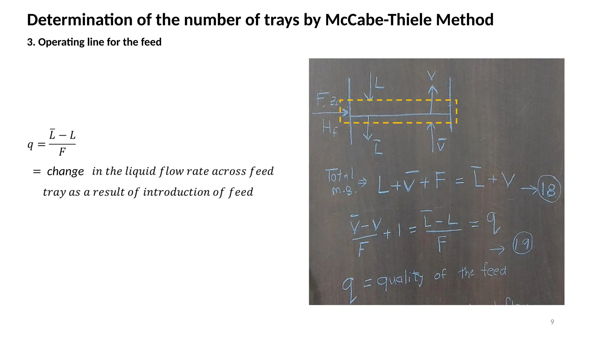 9
Determination of the number of trays by McCabe-Thiele Method
3. Operating line for the feed
change
 