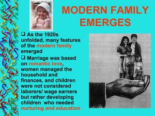 MODERN FAMILY
EMERGES
 As the 1920s
unfolded, many features
of the modern family
emerged
 Marriage was based
on romantic love,
women managed the
household and
finances, and children
were not considered
laborers/ wage earners
but rather developing
children who needed
nurturing and education
 