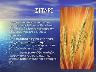 ΣΙΤΑΡΙ  Το σιτάρι είναι κύριο συστατικό της τροφής του ανθρώπου. Η Παράδοση λέει ότι η θεά Δήμητρα πρόσφερε την καλλιέργεια του σιταριού στους Αθηναίους. Κατά τη  σπορά  σπέρνουμε το σιτάρι στο χωράφι, κατά το  θερισμό  μαζεύουμε το σιτάρι, το οδηγούμε στο μύλο όπου γίνεται το αλεύρι.  Με το αλεύρι παρασκευάζονται πλήθος τροφών, αλλά κυρίως το ψωμί που αποτελεί βασικό στοιχείο της διατροφής μας.  