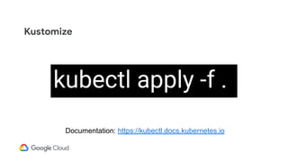 kubectl apply -f .
Documentation: https://kubectl.docs.kubernetes.io
Kustomize
 
