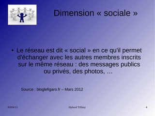 Dimension « sociale »



   ●   Le réseau est dit « social » en ce qu'il permet
       d'échanger avec les autres membres inscrits
       sur le même réseau : des messages publics
                ou privés, des photos, …

           Source : bloglefigaro.fr – Mars 2012



03/04/13                              Hybord Tiffany     4
 