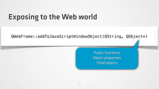 Exposing to the Web world

QWebFrame::addToJavaScriptWindowObject(QString, QObject*)



                                  Public functions
                                  Object properties
                                    Child objects
 