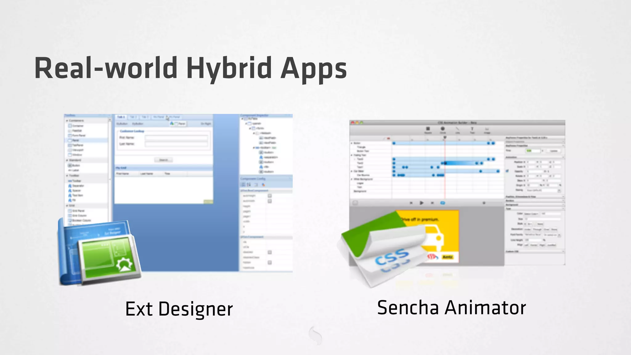 Real-world Hybrid Apps




      Ext Designer       Sencha Animator
 