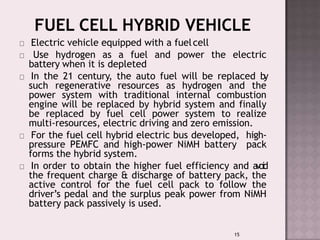 Electric vehicle equipped with a fuelcell
Use hydrogen as a fuel and power the electric
battery when it is depleted
In the...