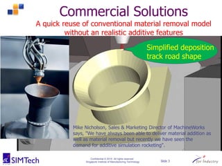 Confidential © 2015 All rights reserved
Singapore Institute of Manufacturing Technology Slide 3
Commercial Solutions
A quick reuse of conventional material removal model
without an realistic additive features
Simplified deposition
track road shape
Mike Nicholson, Sales & Marketing Director of MachineWorks
says, "We have always been able to deliver material addition as
well as material removal but recently we have seen the
demand for additive simulation rocketing".
 