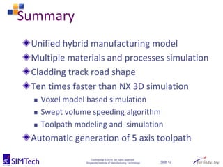 Confidential © 2015 All rights reserved
Singapore Institute of Manufacturing Technology Slide 42
Summary
Unified hybrid manufacturing model
Multiple materials and processes simulation
Cladding track road shape
Ten times faster than NX 3D simulation
 Voxel model based simulation
 Swept volume speeding algorithm
 Toolpath modeling and simulation
Automatic generation of 5 axis toolpath
 