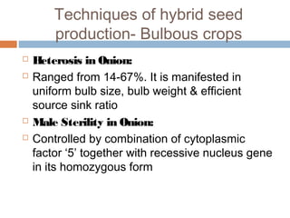 Techniques of hybrid seed
production- Bulbous crops
 Heterosis in Onion:
 Ranged from 14-67%. It is manifested in
uniform bulb size, bulb weight & efficient
source sink ratio
 Male Sterility in Onion:
 Controlled by combination of cytoplasmic
factor ‘5’ together with recessive nucleus gene
in its homozygous form
 