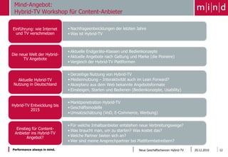 Mind-Angebot:
 Hybrid-TV Workshop für Content-Anbieter

Einführung: wie Internet      • Nachfrageentwicklungen der letzten Jahre
  und TV verschmelzen         • Was ist Hybrid-TV



                              • Aktuelle Endgeräte-Klassen und Bedienkonzepte
Die neue Welt der Hybrid-
                              • Aktuelle Angebote nach Gattung und Marke (die Pioniere)
      TV Angebote
                              • Vergleich der Hybrid-TV Plattformen


                              • Derzeitige Nutzung von Hybrid-TV
   Aktuelle Hybrid-TV         • Mediennutzung – Interaktivität auch im Lean Forward?
 Nutzung in Deutschland       • Akzeptanz aus dem Web bekannte Angebotsformate
                              • Einsteigen, Starten und Bedienen (Bedienkonzepte, Usability)


                              • Marktpenetration Hybrid-TV
Hybrid-TV Entwicklung bis
                              • Geschäftsmodelle
          2015
                              • Umsatzschätzung (VoD, E-Commerce, Werbung)


                              • Für welche Inhaltsanbieter entstehen neue Verbreitungswege?
  Einstieg für Content-       • Was braucht man, um zu starten? Was kostet das?
 Anbieter ins Hybrid-TV
        Angebot?              • Welche Partner bieten sich an?
                              • Wer sind meine Ansprechpartner bei Plattformbetreibern?

Performance always in mind.                                         Neue Geschäftschancen Hybrid-TV   20.12.2010   12
 