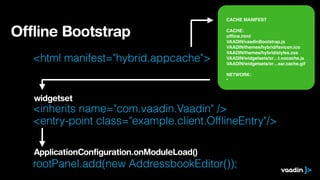 <html manifest="hybrid.appcache">
!
!
<inherits name="com.vaadin.Vaadin" />  
<entry-point class="example.client.OfﬂineEntry"/>
!
!
rootPanel.add(new AddressbookEditor());
Offline Bootstrap
CACHE MANIFEST!
!
CACHE:!
ofﬂine.html!
VAADIN/vaadinBootstrap.js!
VAADIN/themes/hybrid/favicon1.ico!
VAADIN/themes/hybrid/styles.css!
VAADIN/widgetsets/or…t.nocache.js!
VAADIN/widgetsets/or…ear.cache.gif!
!
NETWORK:!
*
widgetset
ApplicationConfiguration.onModuleLoad()
 