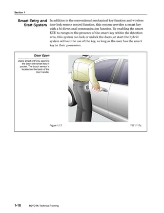 Section 1

Smart Entry and
Start System

In addition to the conventional mechanical key function and wireless
door lock remote control function, this system provides a smart key
with a bi−directional communication function. By enabling the smart
ECU to recognize the presence of the smart key within the detection
area, this system can lock or unlock the doors, or start the hybrid
system without the use of the key, as long as the user has the smart
key in their possession.

Door Open
Using smart entry by opening
the door with smart key in
pocket. The touch sensor is
located on the back of the
door handle.

Figure 1.17

1-18

TOYOTA Technical Training

T071f117c

 