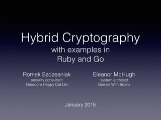 Hybrid Cryptography
with examples in
Ruby and Go
Romek Szczesniak
security consultant
Hardcore Happy Cat Ltd
Eleanor McHugh
system architect
Games With Brains
January 2015
 