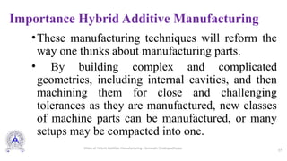 Importance Hybrid Additive Manufacturing
•These manufacturing techniques will reform the
way one thinks about manufacturing parts.
• By building complex and complicated
geometries, including internal cavities, and then
machining them for close and challenging
tolerances as they are manufactured, new classes
of machine parts can be manufactured, or many
setups may be compacted into one.
17
Slides of Hybrid Additive Manufacturing - Somnath Chattopadhyaya
 