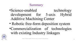 Summary
•Science-enabled technology
development for 5-axis Hybrid
Additive Machining Center
• Robotic free-form deposition system
•Commercialization of technologies
with existing Industry linkages
32
Slides of Hybrid Additive Manufacturing - Somnath Chattopadhyaya
 